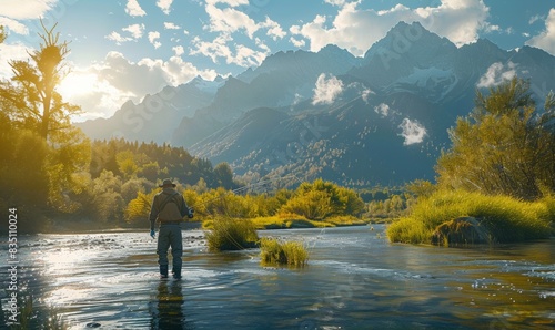 Middle shot of a man fly fishing in a scenic river, casting his line with mountains and trees in the background.