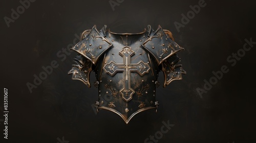 The Holy Knight: Armor of Christ. Medieval armor with ornate decorations, cross and floral motifs on black background.