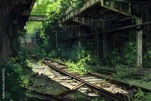 Reclaimed Subway Station Abandoned Tracks Overtaken by Lush Foliage