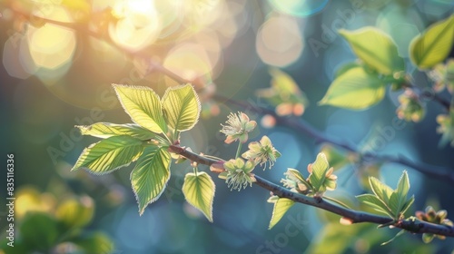 Springtime scene of blurred background with chestnut twigs featuring fresh leaves and buds