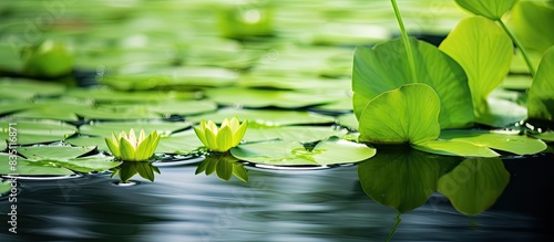Close-up shot of green water lily leaves in the reeds, with copy space image.