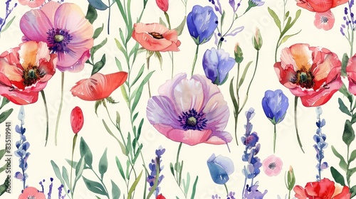 Watercolor seamless pattern featuring lovely wildflowers and foliage ideal for textile design and decor