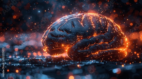 Digital human brain made of binary code and neural networks, symbolizing AI.