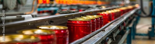 Products Factory : Line of canned food on clean light tinned 