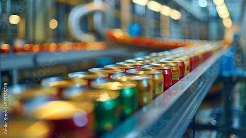 Products Factory : Line of canned food on clean light tinned 