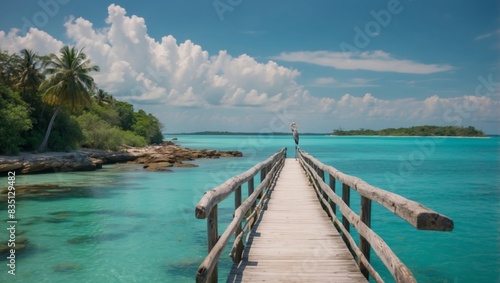 Beautiful tropical landscape with turquoise ocean with blue sky and light clouds on summer day Long bridge to island In foreground is lonely heron Clear water and soothing nature.