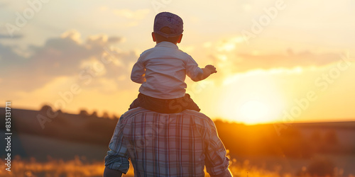Imagen de espaldas de un niño en los hombros de su papá mirando al atardecer feliz dia del padre