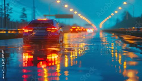 A car is driving down a wet road at night with the headlights on