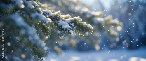 Christmas winter snow background with fir branches macro with soft focus and snowfall in blue tones with beautiful bokeh in sunny day, copy space, banner format.