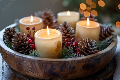 a candle in a bowl with pine cones and berries