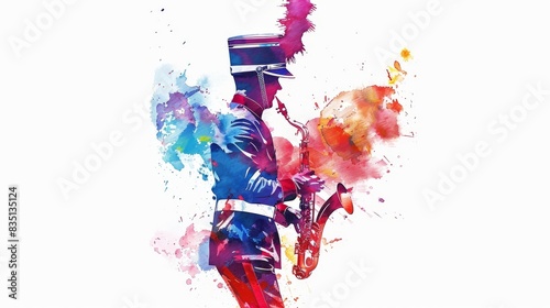 Colorful watercolor illustration of a marching band member playing the saxophone, vibrant and artistic expression of music and creativity.