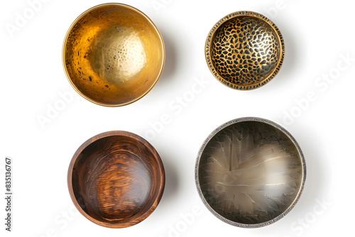 Set of small bowls made of gold, silver and wood top view, isolated on white background