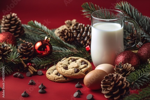 a glass of milk and cookies with pine cones and christmas decorations