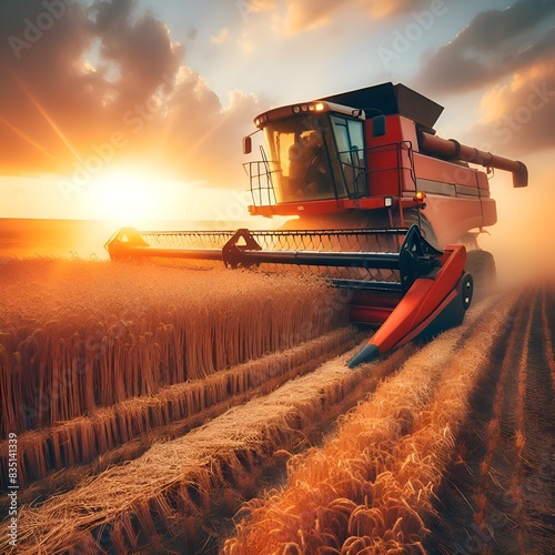 The combine harvester harvests wheat