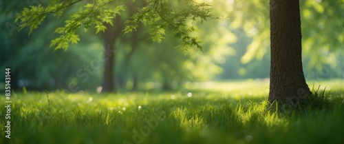 Beautiful natural spring summer widescreen background fram Green young juicyyoung grass and leaning tree twigs backlit by soft sunlight.