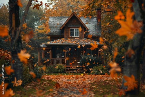 A high-resolution 4K portrait of autumn leaves falling from a tree in front of a charming small house. The leaves are captured mid-air, creating a picturesque scene with the house's warm and inviting