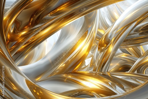 A stunning 3D render of abstract golden shapes intertwined in a complex composition, featuring reflective surfaces and intricate details that exude luxury and elegance