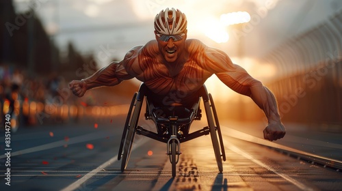 Photo of a physically fit man competing in a wheelchair race and winning. Sports competition concept, inspiration, warm light background, competition, determination, victory.
