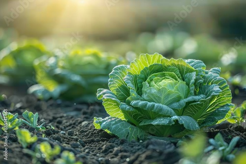 An exquisite photo capturing a close-up view of a prize-winning organic cabbage, highlighting its crisp, green leaves and immaculate growth, set against the backdrop of a thriving farm