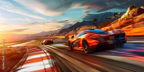 Modern video game featuring sports car racing on desert track with computer display. Concept Car Racing, Desert Track, Video Game, Sports Cars, Computer Display
