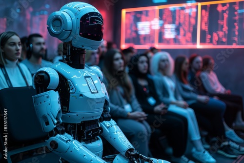 A sci-fi inspired conference with a diverse group of AI robots and metahumans exchanging ideas on future technology, highlighted by sophisticated design and immersive holographic visuals