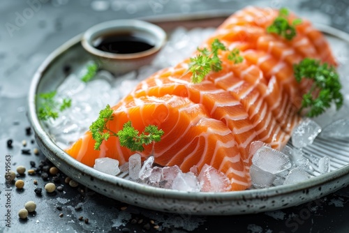 A high-quality 4K image of raw salmon sashimi served on a ceramic plate, with the delicate salmon slices laid over a bed of crushed ice. The presentation is enhanced by garnishes of fresh herbs, a