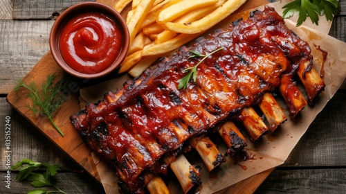 A platter of mouthwatering grilled pork ribs with a side of fries and dipping sauce, served on a rustic wooden table at a barbecue restaurant.