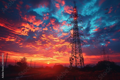 Dramatic sunset with vibrant clouds and a silhouetted transmission tower. Perfect for backgrounds, energy themes, and nature concepts.