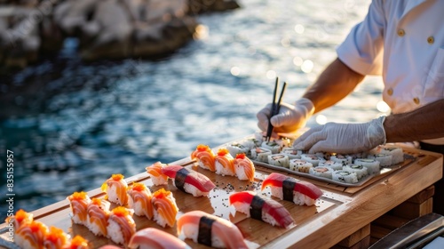 A sushi chef meticulously preparing nigiri and sashimi with fresh fish slices, arranged beautifully on a wooden serving board by the sea.