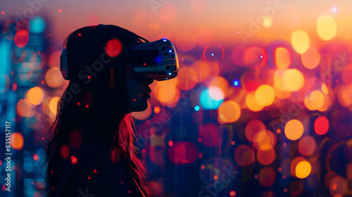 Silhouette of a woman wearing a VR headset against a vibrant bokeh city background, suggesting futuristic entertainment or a tech event.