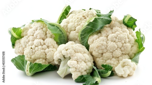 Fresh cauliflower heads with green leaves, isolated on a white background. Ideal for health, cooking, or vegetable-themed stock photos.