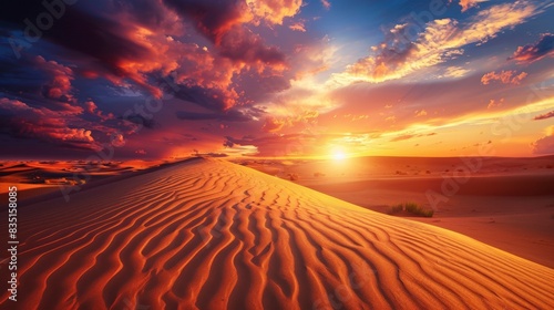 Stunning desert sunset with vibrant colors, dramatic clouds, and rippled sand dunes. Perfect for nature, landscape, and travel concepts.