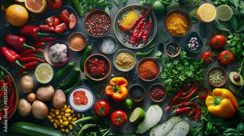Top view of vibrant fresh vegetables, spices, and herbs on a dark background. Perfect for culinary, food, and health-related themes.