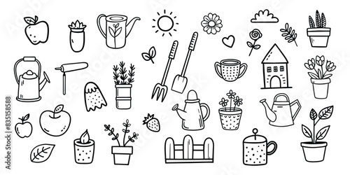 Doodle icons garden.Set hand drawn vector isolated elements. Gardening. Springtime. Black and white set of garden tools, seedlings, flower isolated on white background.