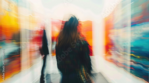 A woman is standing in an art gallery, contemplating an abstract painting