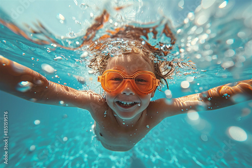 Happy little boy dives in swimming pool wearing goggles, hot summer day, view from below from under the water, splashes and air bubbles around. summer children's holiday, vacation, childhood in summer