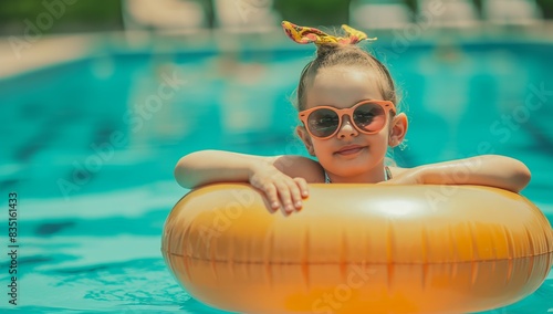 A joyful young girl in a pool using yellow swimming ring at a hotel club swimming pool, enjoying her summer vacation