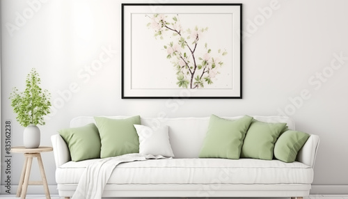 A minimalist living room with a white sofa green pillows and a botanical art print of pink cherry blossoms in a black frame on the wall