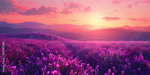 Bonito paisaje de lavanda o Lavandula flores color morado al fondo un horizonte de montañas al atardecer 