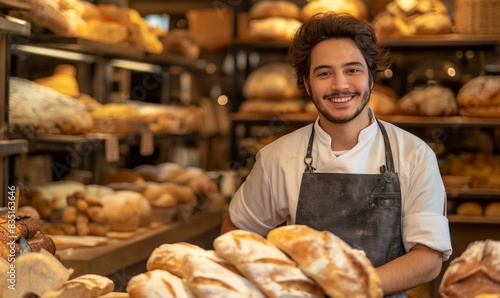 A young baker stand behind a stall of freshly baked breads in a bakery filled with breads in the background