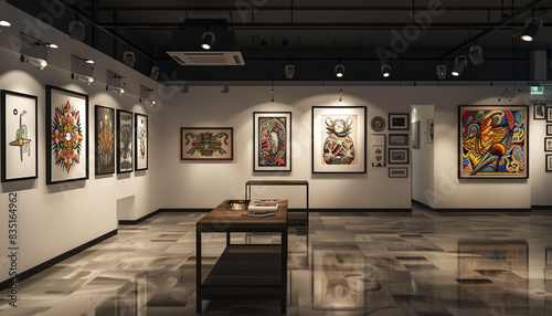 Sophisticated Avant Art Gallery layout displaying contemporary tattoo art in a clean, minimalist setting, celebrating the artistry and cultural significance,