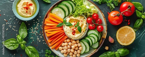 Design a scene with a platter of fresh vegetable sticks and hummus