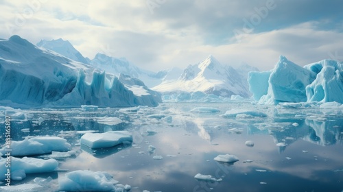 photograph of a melting glacier in the Arctic, with icebergs floating in the surrounding water 