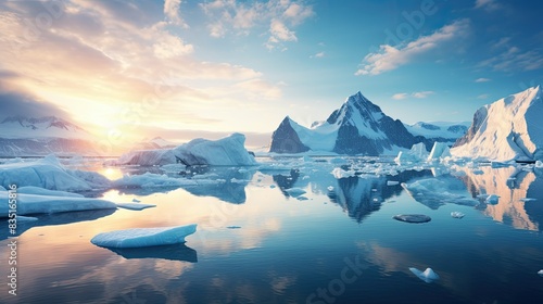 photograph of a melting glacier in the Arctic, with icebergs floating in the surrounding water 