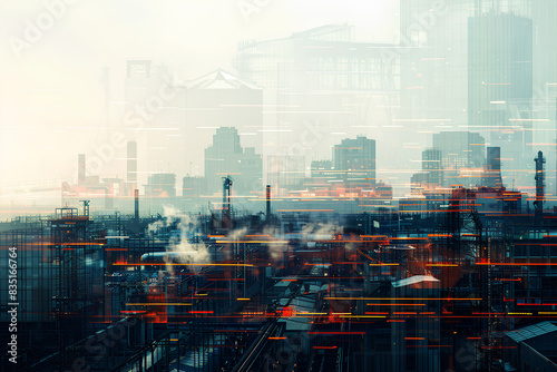 Industrial double exposure of a factory and city skyline, emphasizing modern architecture