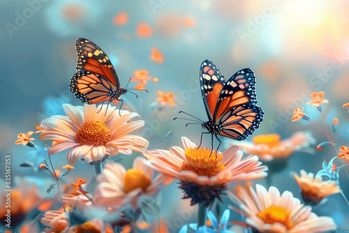 Butterflies fluttering around colorful summer flowers
