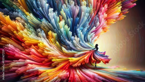 Silhouette of a woman amidst a colorful explosion of flowing forms, creating a sense of movement and energy, ideal for artistic and conceptual themes.
