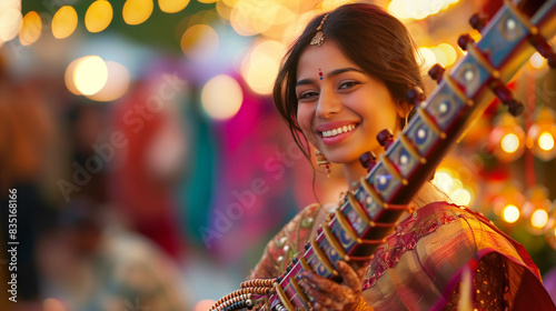 indian woman in traditional attire playing a sitar at an outdoor festival, smiling
