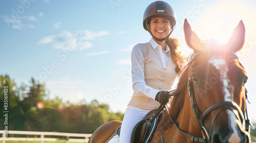 Young woman in equestrian attire riding a beautiful brown horse in a green field,