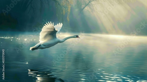 swan flying over a lake, sun tones, blue water 